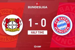 半场-十人拜仁暂0-1勒沃库森，迪亚斯被断致丢球杰克逊蹬踏吃直红